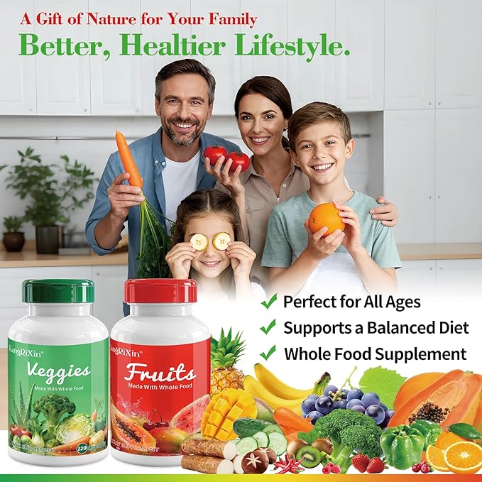 Fruits and Veggies Supplements, Whole Fruit and Vegetable Ingredients for Women, Men, and Kids - 120 Fruits Capsules, 120 Veggies Capsules - 2 Sets