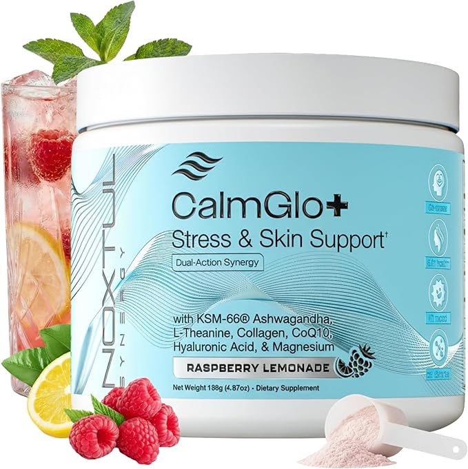 CalmGlo+ Stress & Skin Support Supplement Drink - Cortisol Reducer with Ashwagandha KSM-66, L-Theanine, Magnesium & Collagen Peptides - Adrenal Health & Mood Support - Raspberry Lemonade, 30 Servings