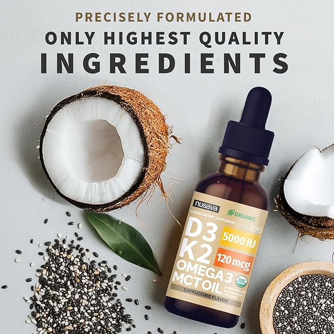 (2 Pack) Organic Vitamin D3 K2 Drops with MCT Oil Omega 3, 5000 IU, Maximum Strength Vitamin D Liquid, No Fillers, Non-GMO Liquid D3 for Faster Absorption, Immune Support (Cappuccino Flavor, 2 Fl Oz)