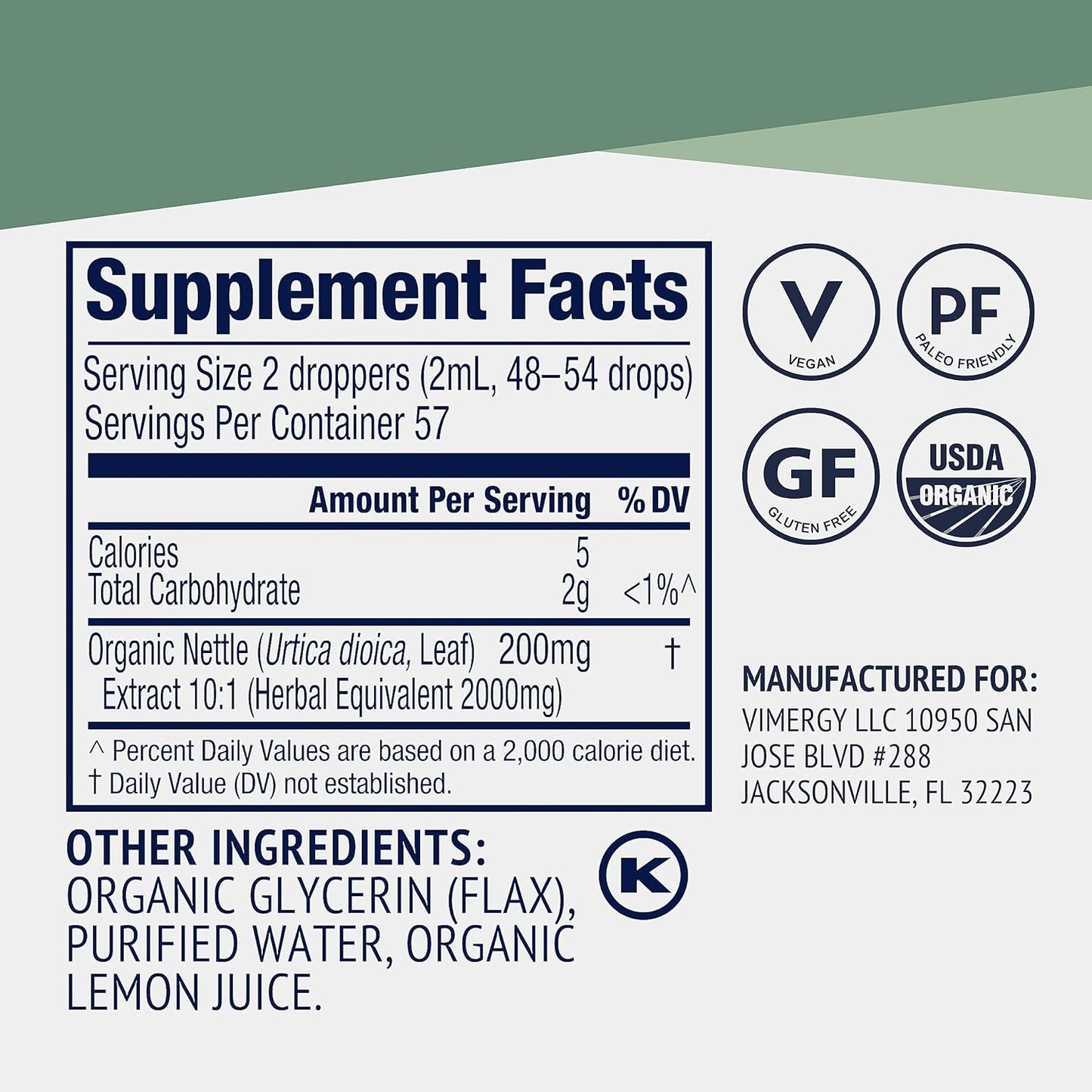 Vimergy Nettle – Superfood for Healthy Cellular Response* – Promotes Bone Health* – USDA Certified Organic, Vegan, Gluten-Free – 115 mL (57 Servings)