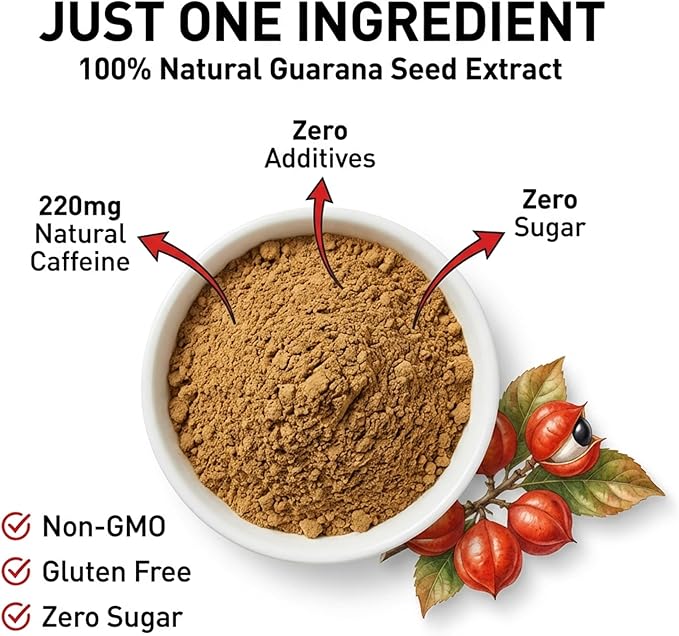 Type Zero Clean Guarana Powder Drink Mix (250 Servings, Unflavored) - 220 MG Caffeine Per Serving, Natural Caffeine, Non GMO, Gluten Free