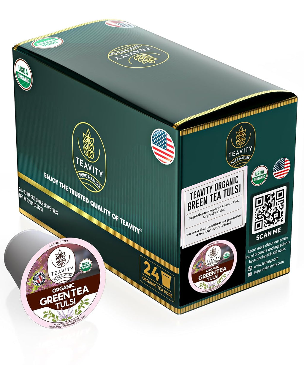 Organic Tulsi Tea Pods with Unsweetened Caffeinated Green Tea Pods for Keurig - Tulsi Green Tea by Teavity (24 Tea Pods)