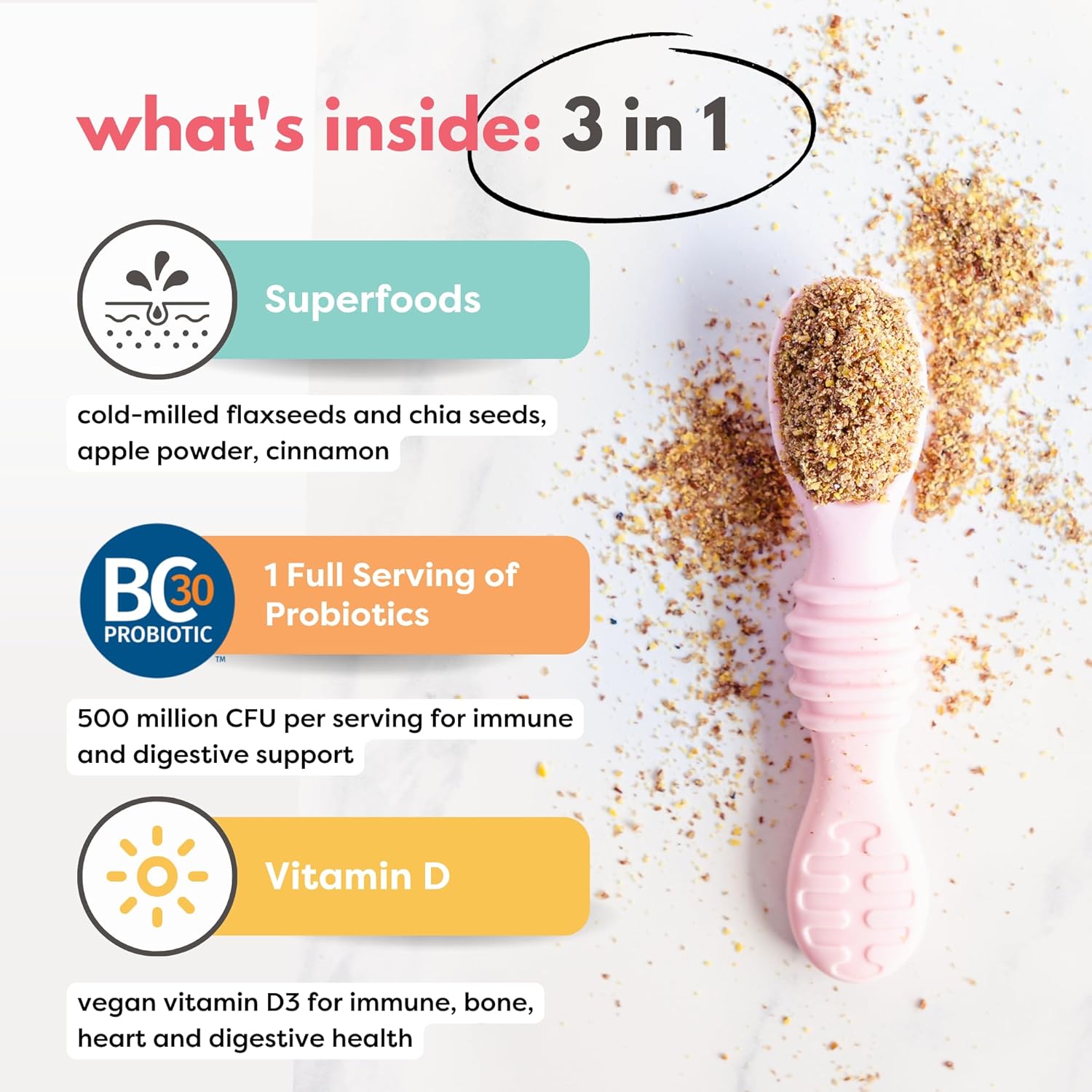 Organic Milled Chia & Flax Seed Digestion Blend with VITAMIN D + PROBIOTICS Prebiotic Fiber Superseeds for 6M+ Babies Toddlers & Kids for Digestive Support (Apple & Cinnamon, 7oz x 2 Pack)