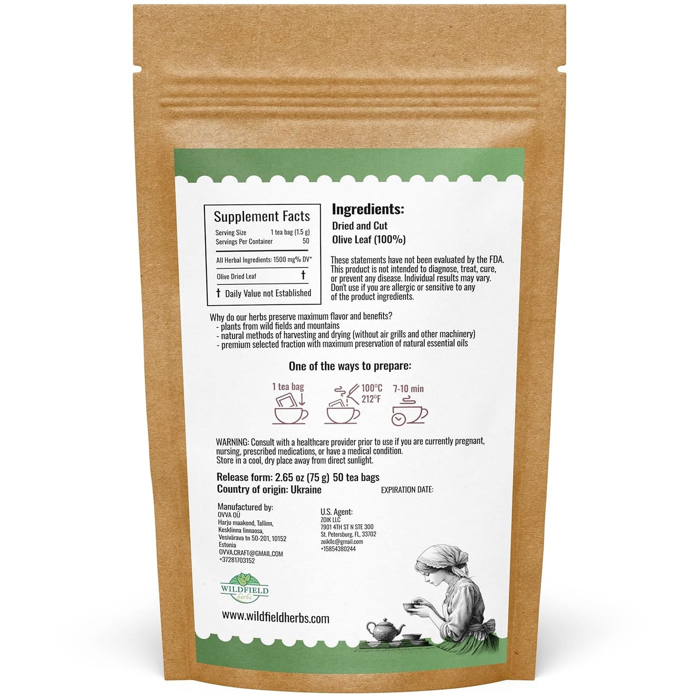 50 Bags Olive Leaf Tea Dried Olive Leaf Herbal Tea (Olea Europaea) - 50 Count 1.5 g Bags Hojas De Olivo Secas