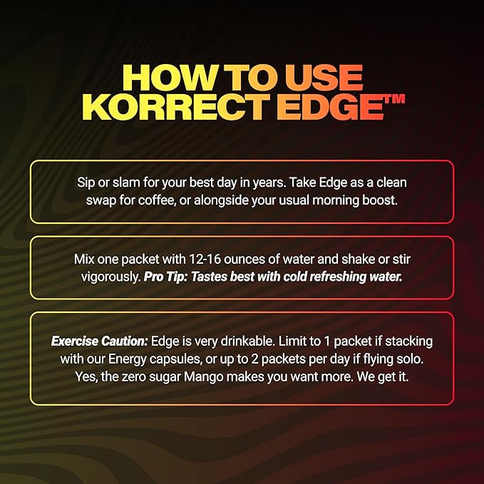 KORRECT Mental Performance Edge Powder (Mango) for Men & Women | Focus & Mental Clarity | Paraxanthine, Jitter-Free Energy | Non-GMO, cGMP Certified | 15 Packets