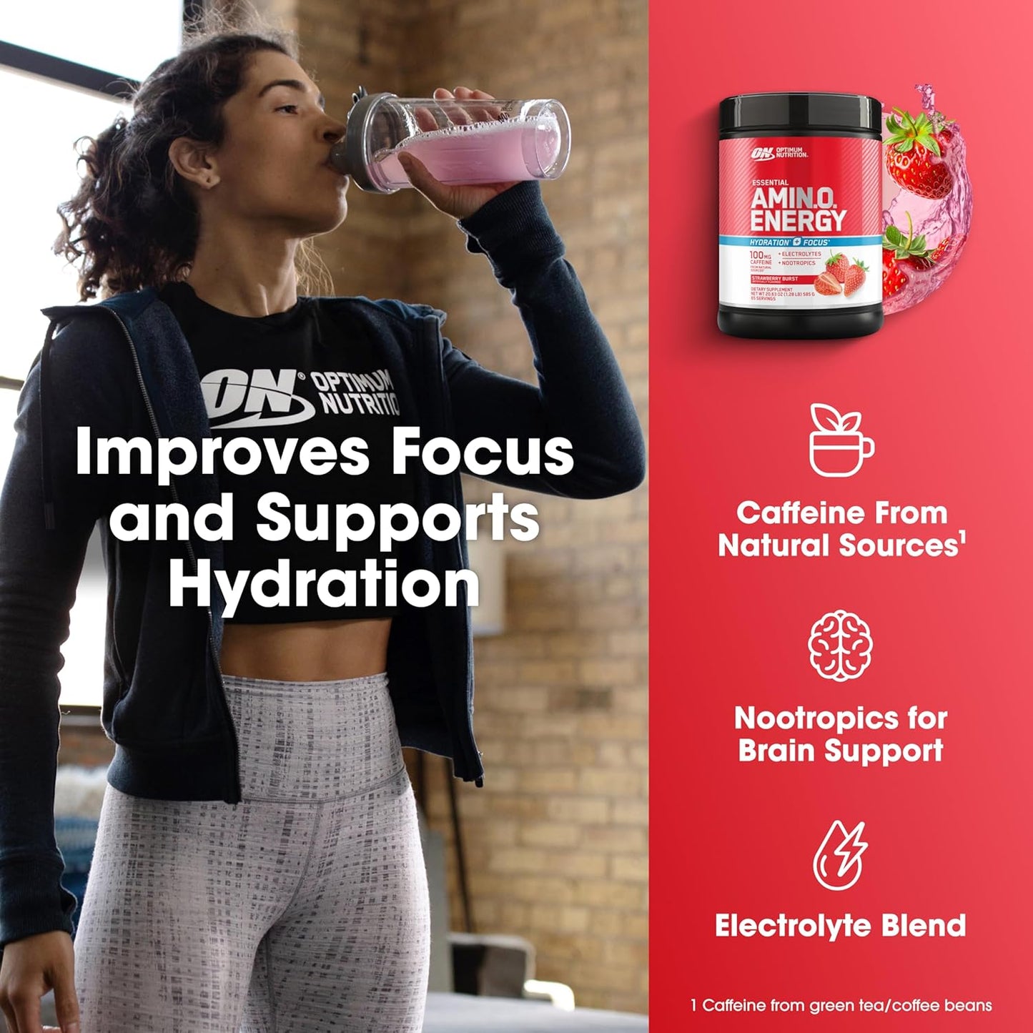 Optimum Nutrition Amino Energy Powder Plus Focus, with BCAA, Electrolytes, and Caffeine, Strawberry Burst, 65 Servings (Packaging May Vary)