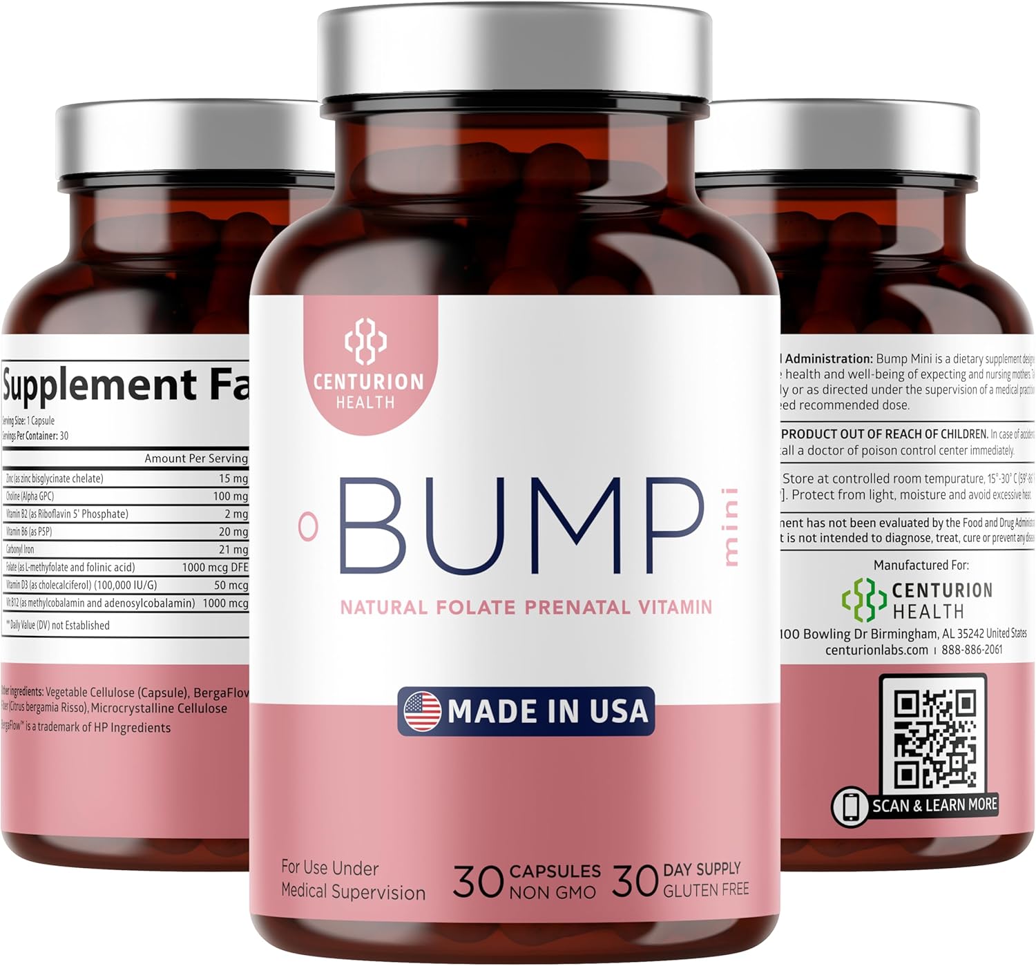 Centurion Labs Bump Mini Complete Prenatal Vitamins for Women with Folate, Choline, Carbonyl Iron, Zinc, Vitamin D3 and Vitamin B12 for Fetal Development and Pregnancy Support, 30 Caps