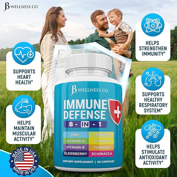 Immune Support 8 in 1 Capsules - Zinc Supplement, Vitamin D3, Vitamin C and Elderberry - Immune Booster Supplement with Echinacea, Ginger Root, and Turmeric