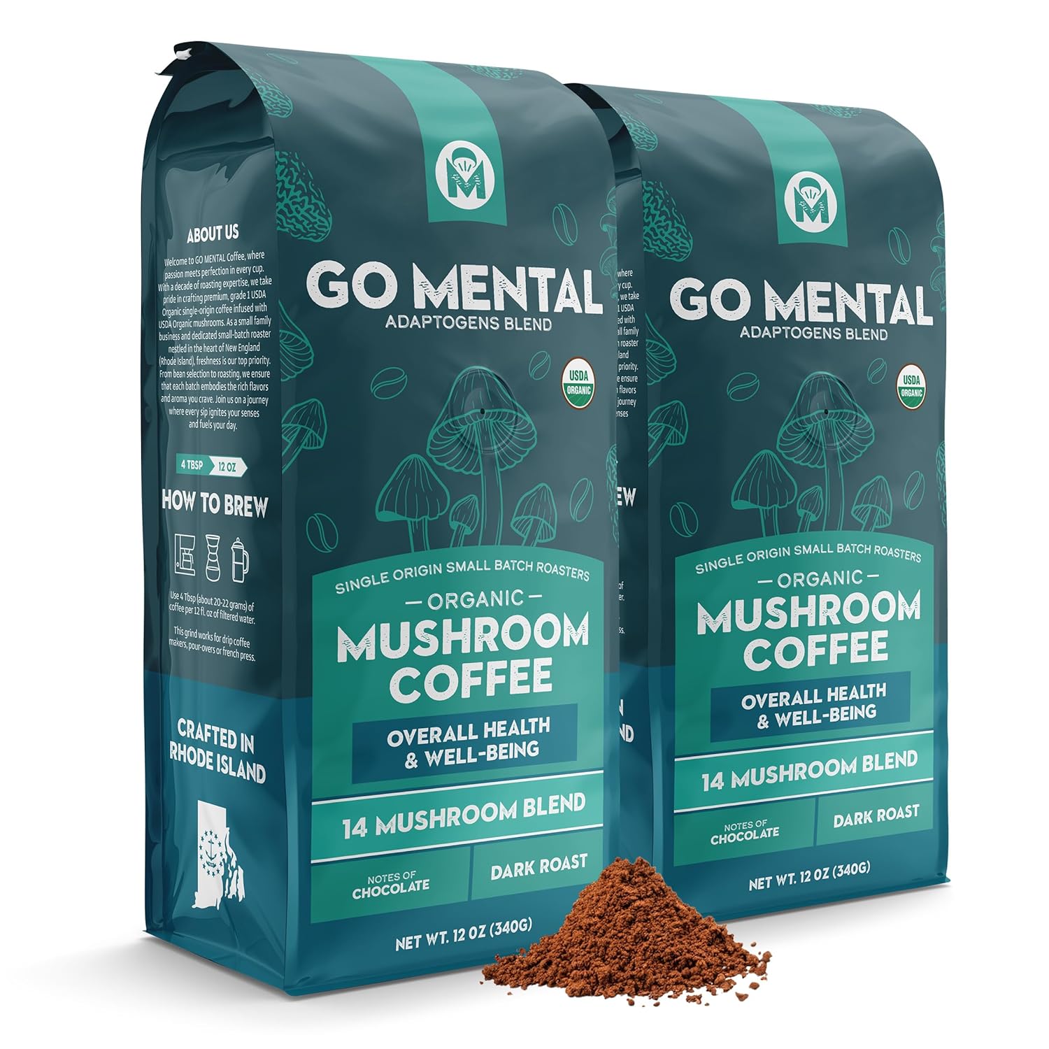 Organic 14 Mushroom Coffee Blend Dark Roast, Organic Lion's Mane, Chaga, Red Reishi and more, Chocolate Notes, Enhances Overall Health, Immune Support And Wellbeing, Ground 12 oz Bag (2 Pack)