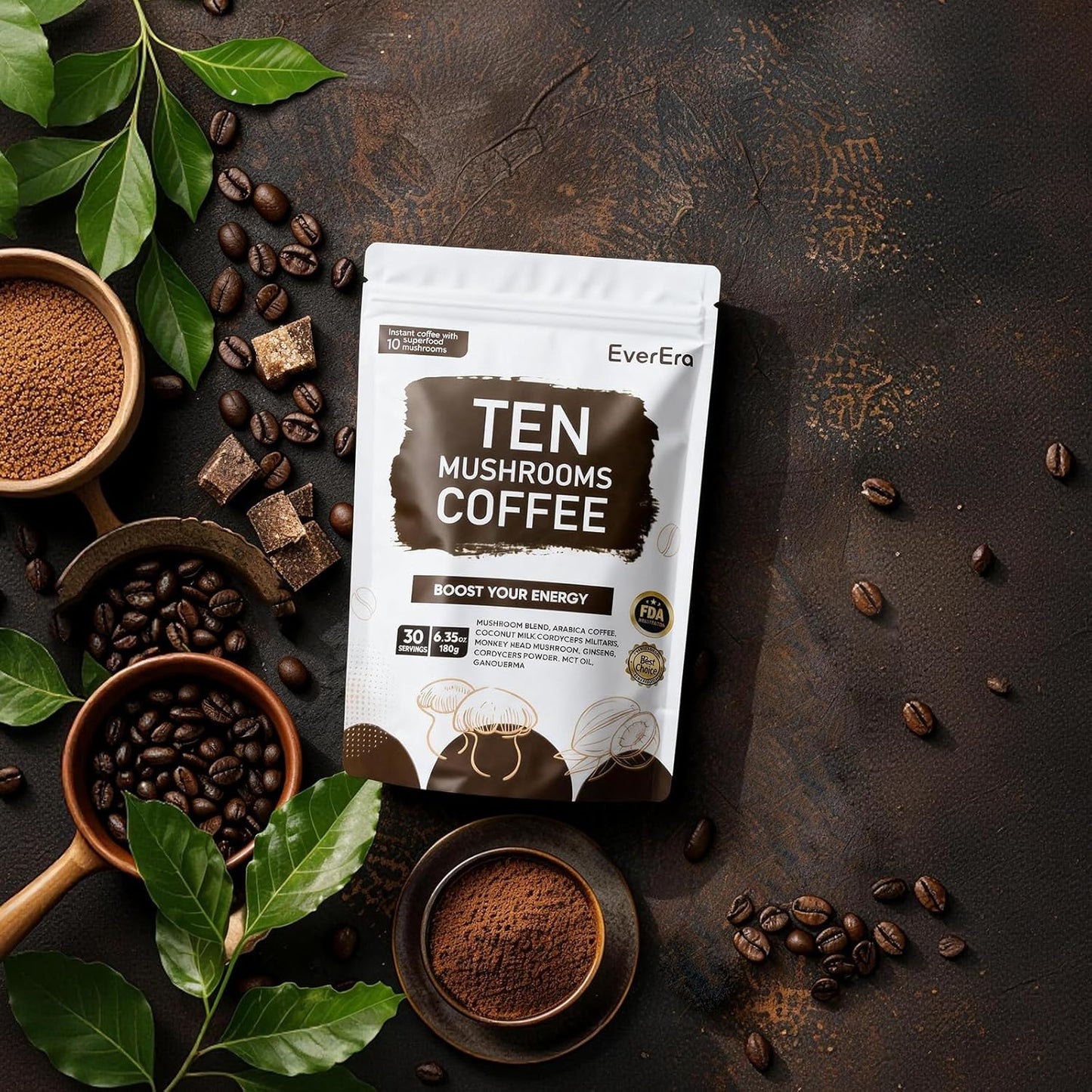 Organic Mushroom Coffee, 10-in-1 Blend Featuring Lions Mane, Cordyceps, Ginseng, and more. This Instant Coffee Boosts Energy, Digestion, and Immunity. Everyday Coffee Dose, 30 Servings