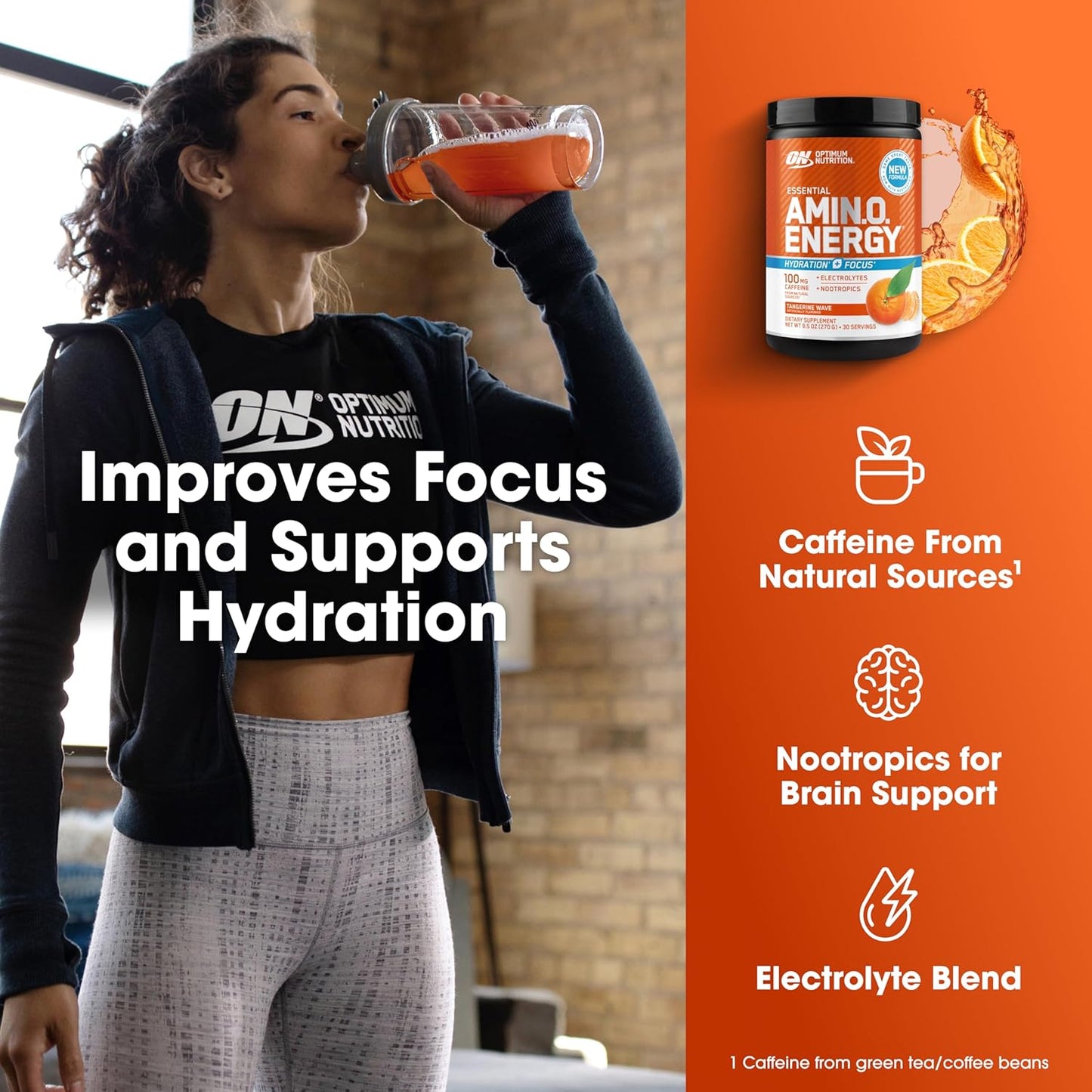 Optimum Nutrition Amino Energy Powder Plus Hydration, with BCAA, Electrolytes, and Caffeine, Tangerine Wave, 30 Servings (Packaging May Vary)