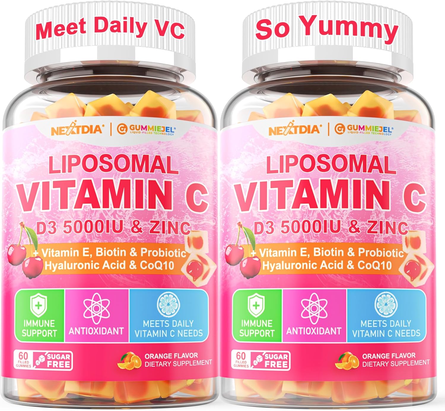 Liposomal Vitamin C 1000mg + D3 5000IU + Zinc Filled Gummies, Folate 800mcg Chewable Supplement, Elderberry for Immune, Hyaluronic Acid, VE, for Beauty, Energy & Overall Health, Sugar Free, ﻿2 Pack