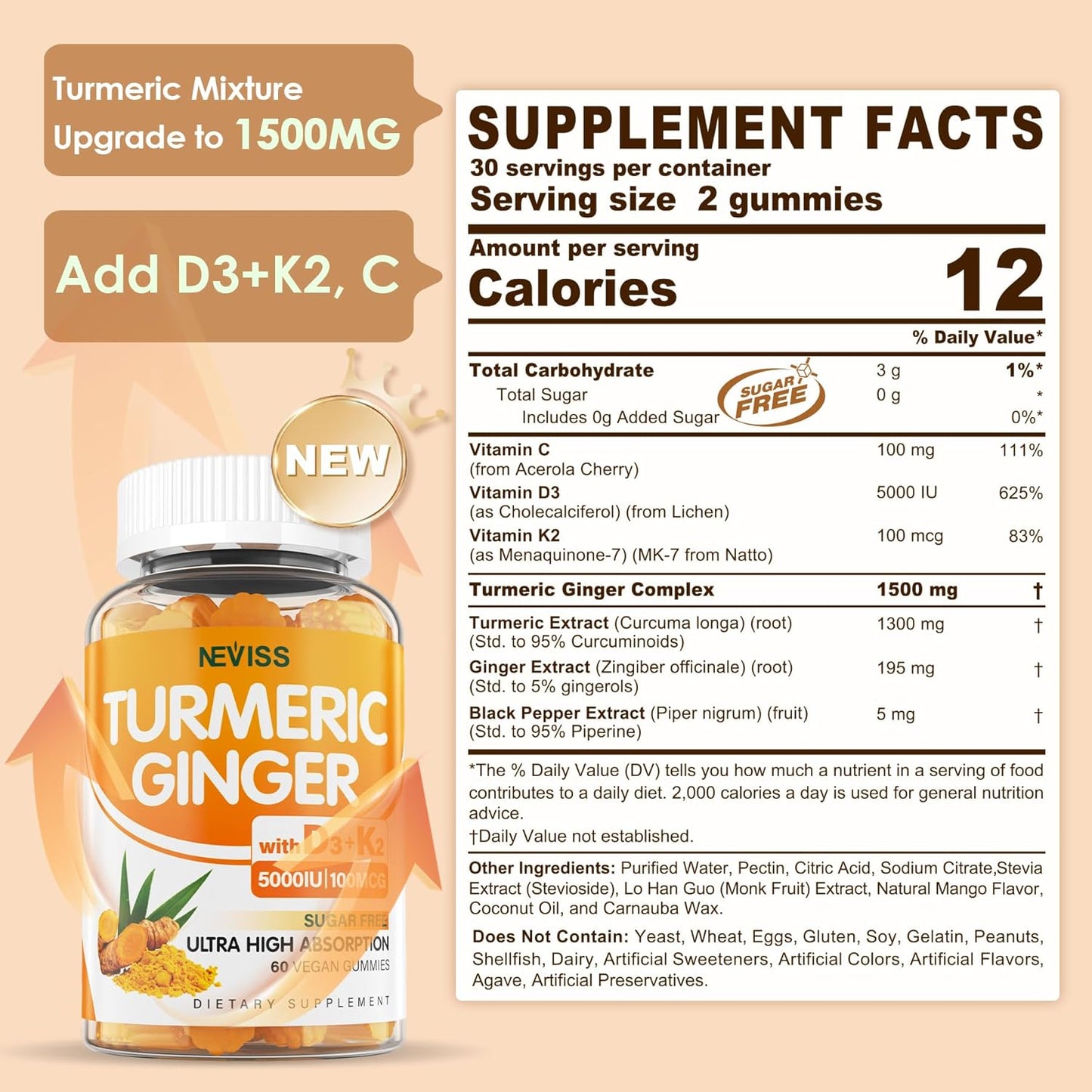 Sugar Free Turmeric Ginger Gummies with 5000 IU Vitamin D3 & K2 (MK7), C - Vegan Turmeric Supplement Gummies for Adults 1500mg with Black Pepper, Supports Bone, Immune & Digestive Health - 120 Cts