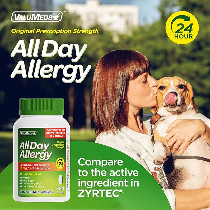 ValuMeds 24-Hour Allergy Medicine Antihistamine for Pollen, Hay Fever, Dry, Itchy Eyes, Allergies | Cetirizine HCl 10mg Caplets, Compare to Leading Brand (300 Count)