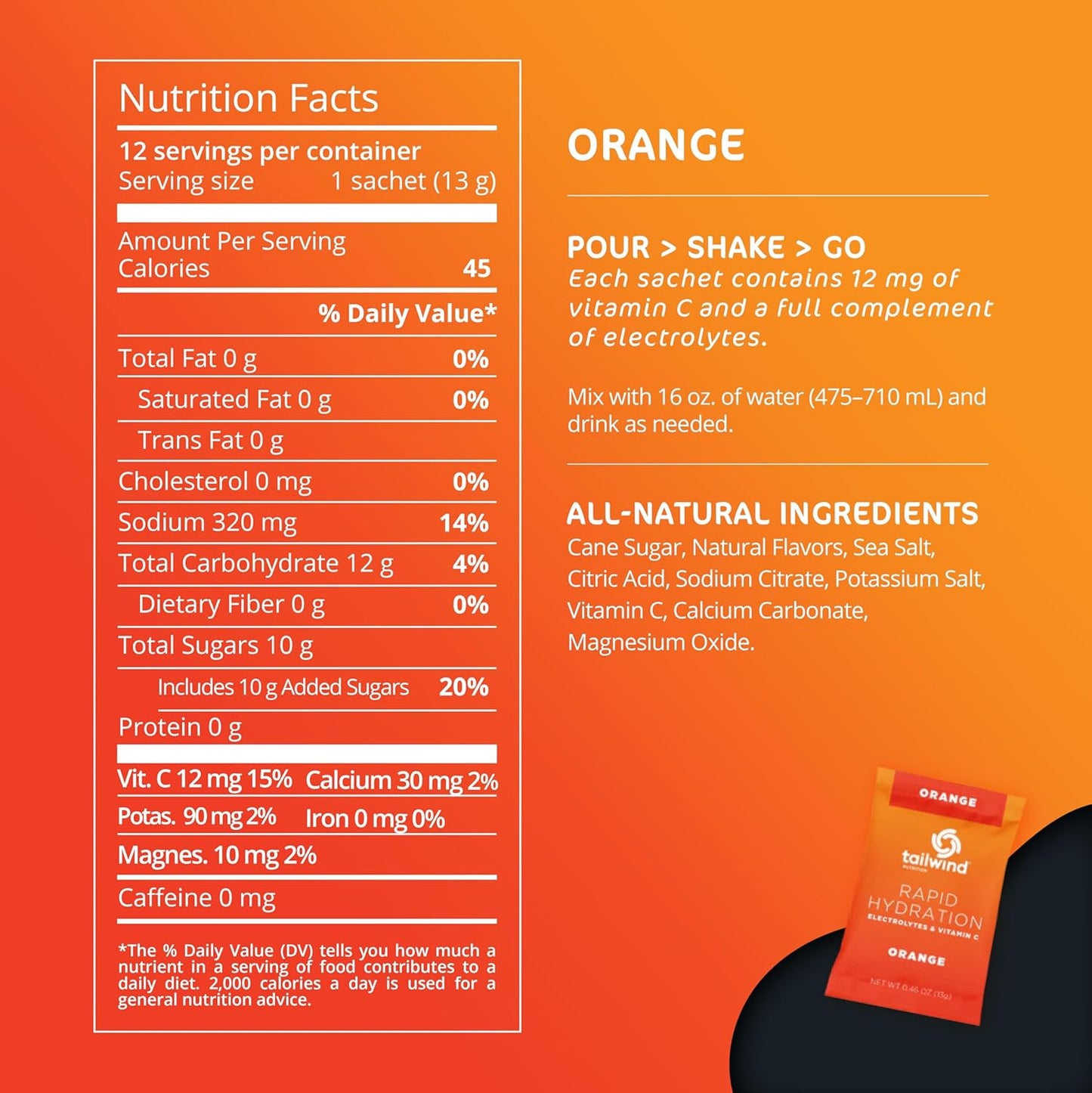 Tailwind Nutrition Rapid Hydration, Electrolyte & Hydration Powder, Vitamin C & Sea Salt Exercise Workout Mix, Orange, Pack of 12 Sticks