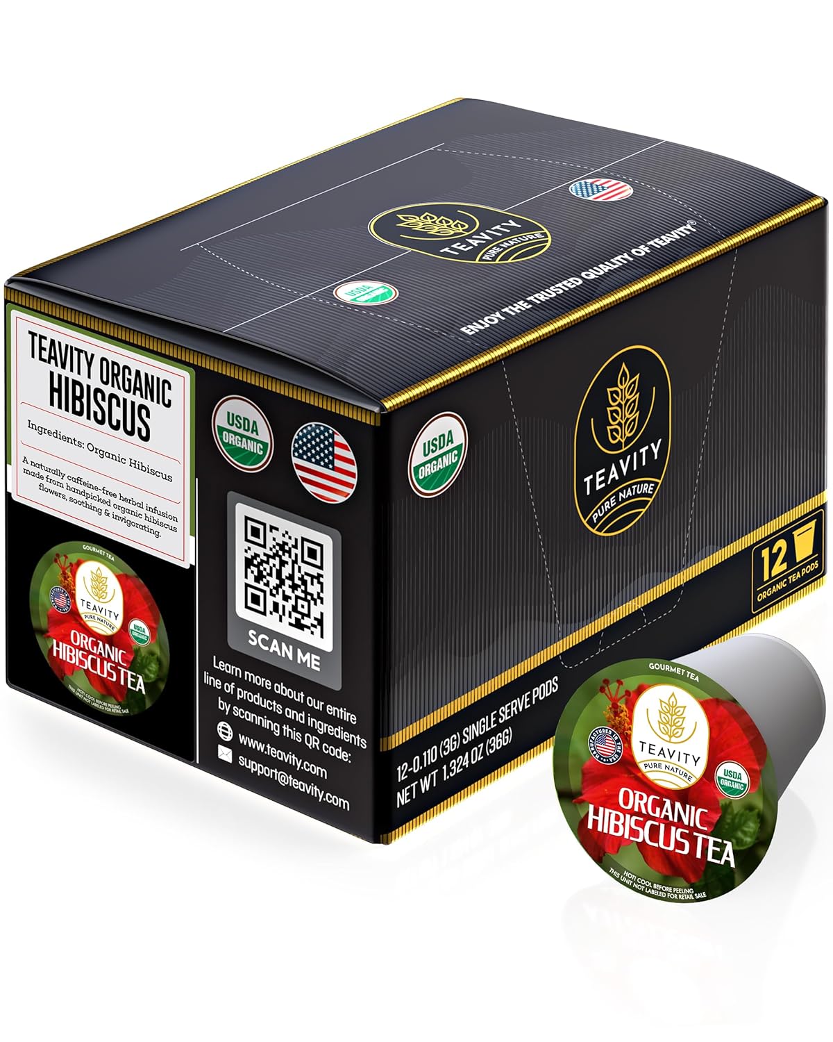 Organic Hibiscus Sabdariffa Tea Organic Naturally Decaf Tea Pods for Keurig by Teavity (12 Tea Pods)