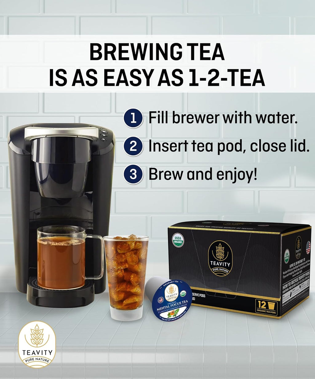 Organic Tea Pods with Moringa, Pepeppermint, Holy Basil & Turmeric - Naturally Decaf Tea - Mental Focus by Teavity (12 Tea Pods)