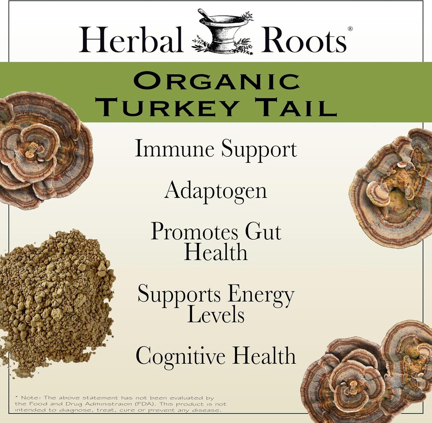 Herbal Roots Organic Turkey Tail Mushroom Supplement - Fruiting Bodies Extract - Immune Support - 60 Vegan Non GMO Capsules
