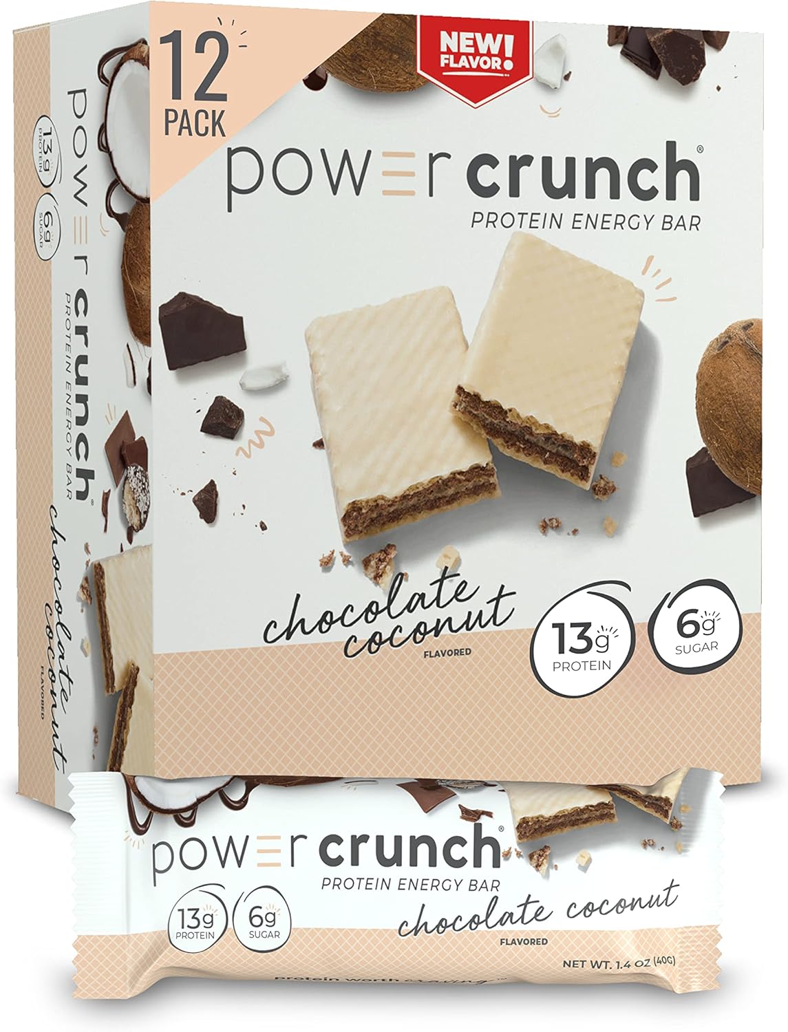 Power Crunch Protein Wafer Bars, High Protein Snacks with Delicious Taste, Chocolate Coconut, 1.4 Ounce (12 Count)