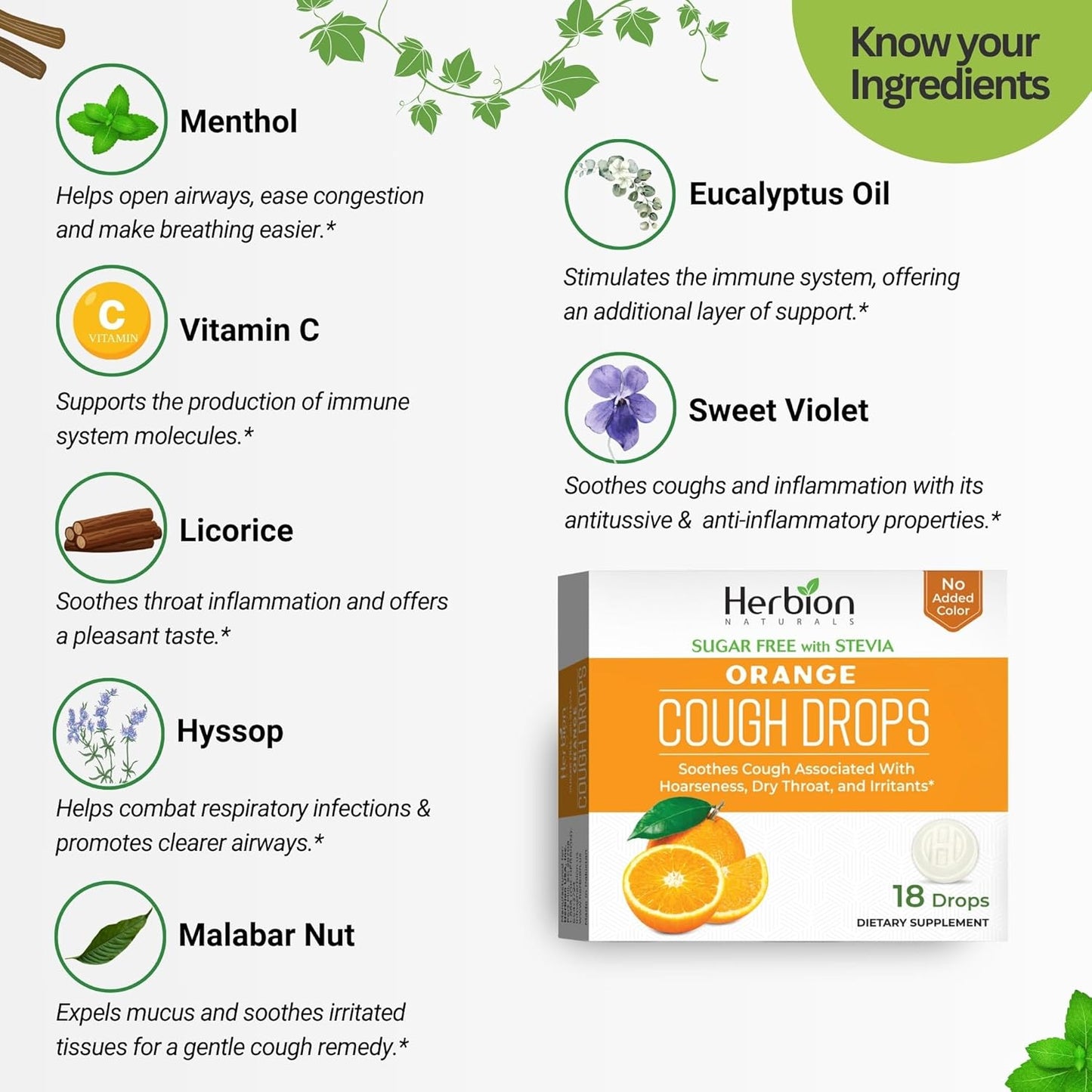 HERBION Naturals Cough Drops, Sugar Free with Stevia, Dietary Supplement, Soothes Cough, for Adults & Children Over 6 Years,18 Count, Orange, Pack of 1