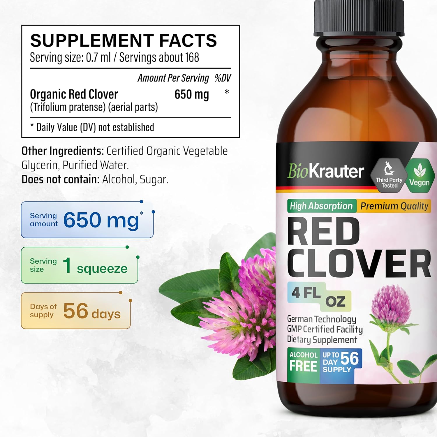 BIO KRAUTER Red Clover Tincture - Red Clover Extract - Liquid Supplement for Women's Support - Alcohol and Sugar Free - Vegan Drops 4 Fl.Oz.