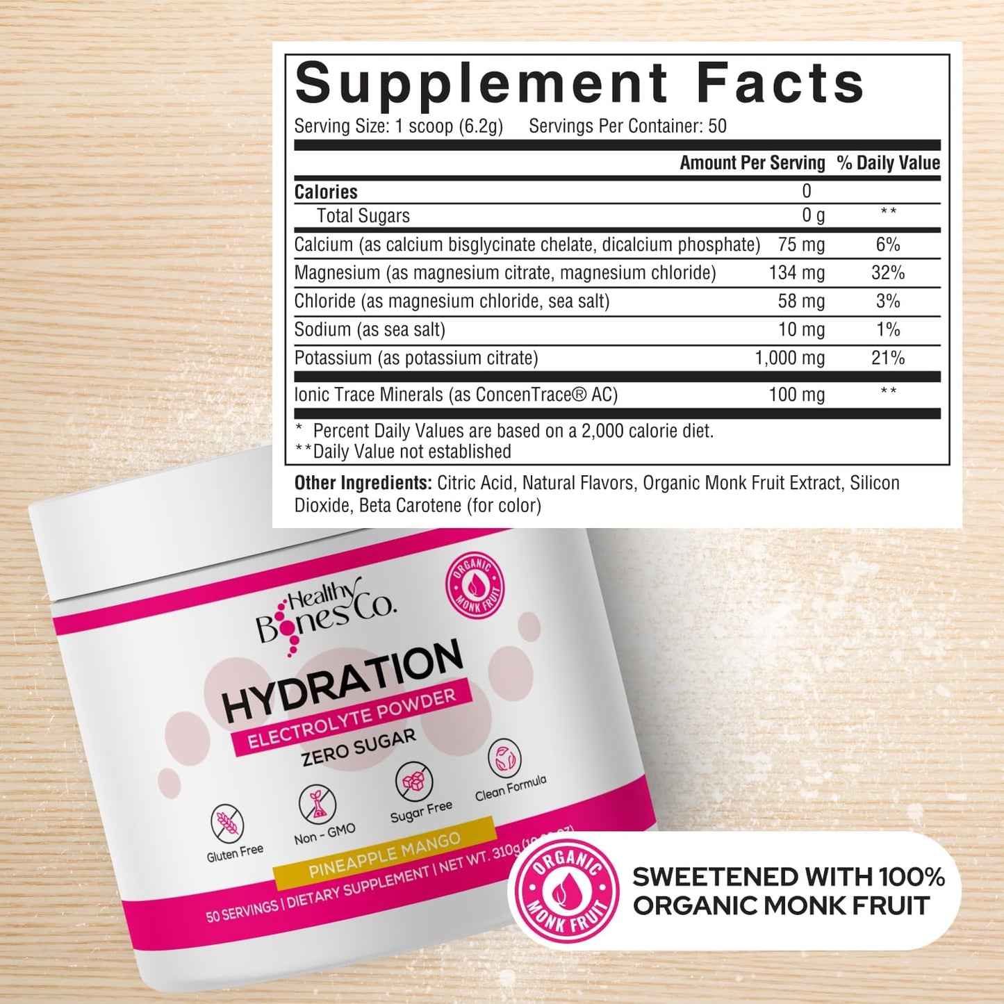 Sugar-Free Electrolyte Powder Drink Mix Fast Hydration Naturally Sweetened with Organic Monk Fruit, Pineapple Mango Flavor (310g) with Key Electrolytes and Trace Minerals –Keto Friendly, Vegan