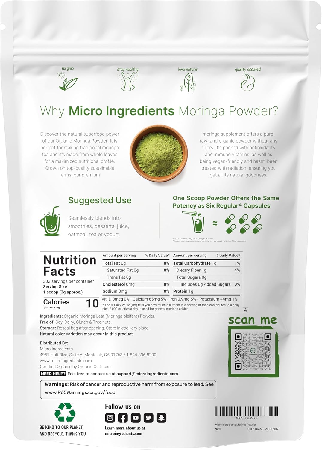 Organic Moringa Oleifera Leaf Powder, 2 Pounds, Rich in Antioxidants and Immune Vitamin, Great Superfoods for Moringa Tea, Moringa Drink, India Grown, Vegan