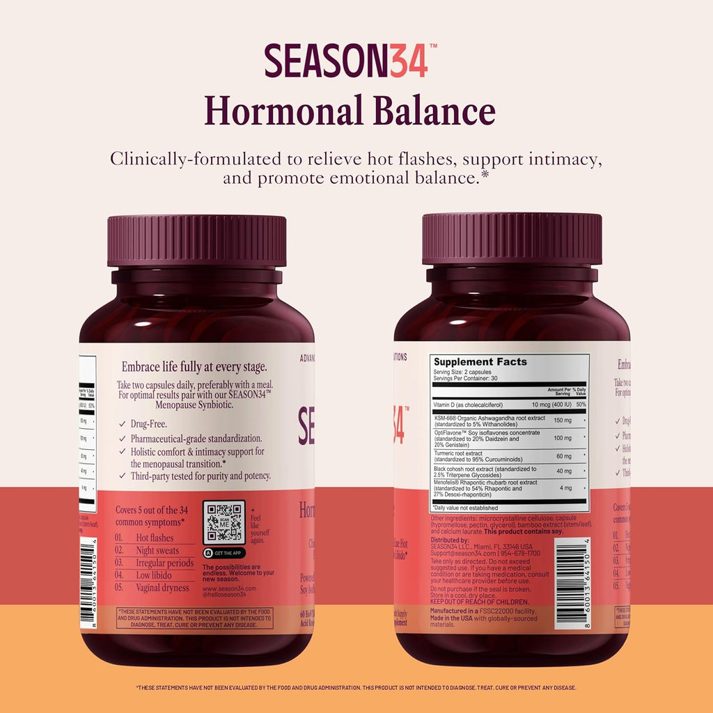 Hormonal Balance for Women | Rhubarb Extract, Soy Isoflavones & Black Cohosh for Hot Flash, Night Sweat & Mood Support, Menopause Relief Supplement, Hormone-Free 60 Capsules, 1 Month Supply