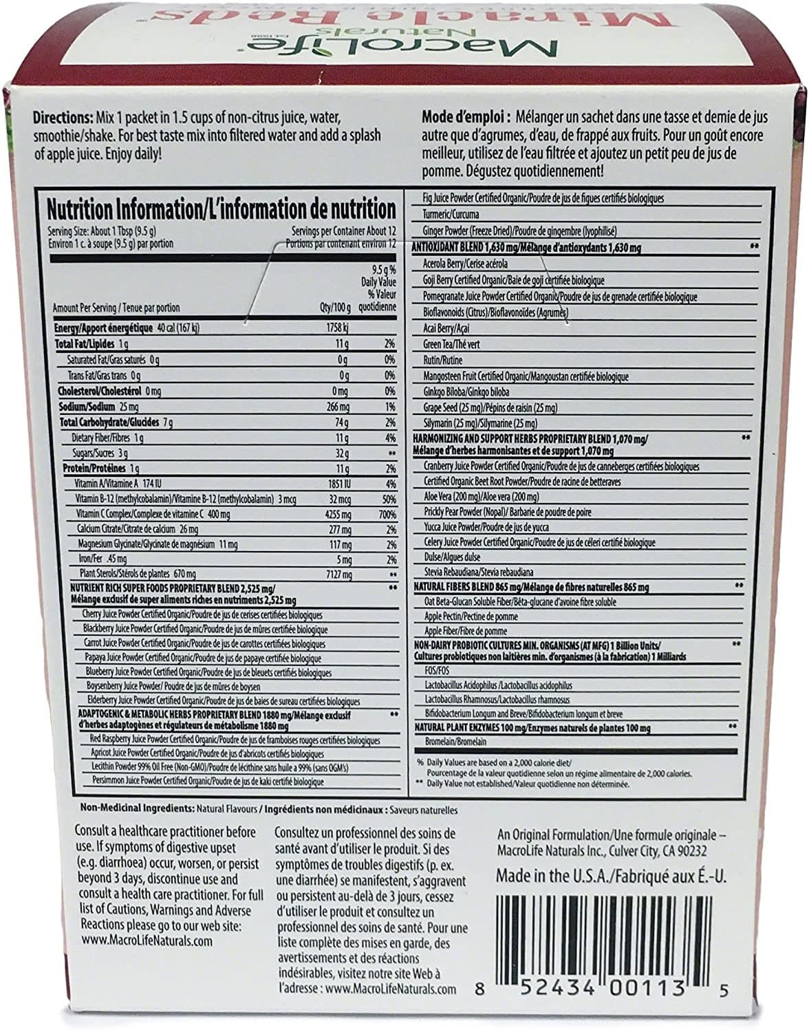 MacroLife Naturals Miracle Reds Superfood Powder 19 Blended Fruit & Berry Polyphenols Enzymes Probiotics & Antioxidants Supplement - Raw Non-GMO & Vegan Whole Food Vitamins - 12 Packet Servings