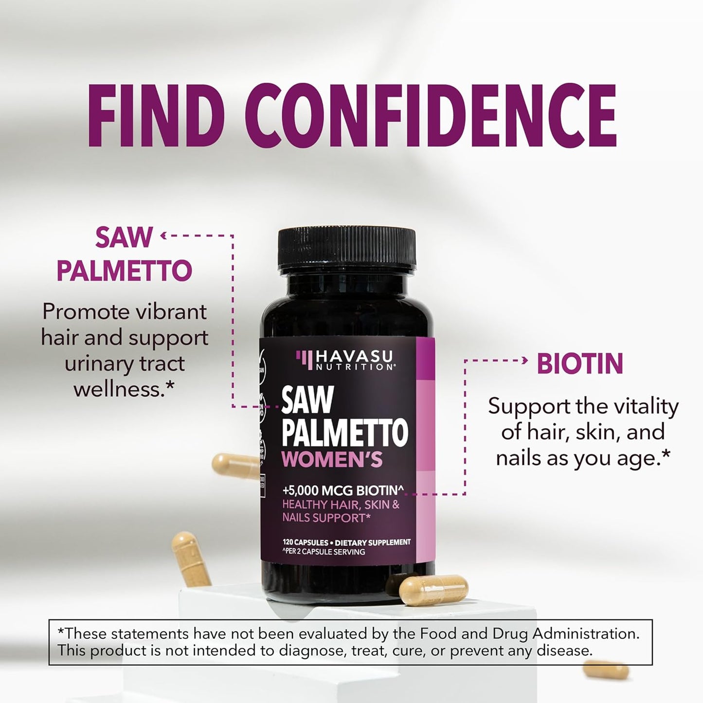 Saw Palmetto for Women with Biotin 5000mcg - Powerful DHT Blocker to Support Hair, Skin, and Nail Health - 120 Count - Vegan, Non-GMO Vitamin for Stronger, Fuller Looking Locks - 2 Month Supply
