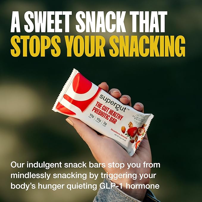 Supergut GLP-1 Boosting Prebiotic Bars, Peanut Butter Chocolate - Gut Healthy Protein Snacks & Breakfast Bars - Keto-Friendly Meal Replacement Energy Bars for Gut Health (12 Count)