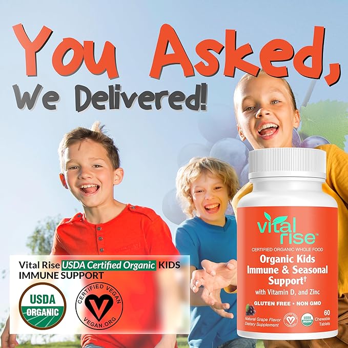 Kids Immune Support Chewables – USDA Organic – Vitamin C, D3, Zinc Supplements & Elderberry – Vegan, Non-GMO, Gluten Free – Seasonal Immune Defense for Children Ages 4+ – 60 Count