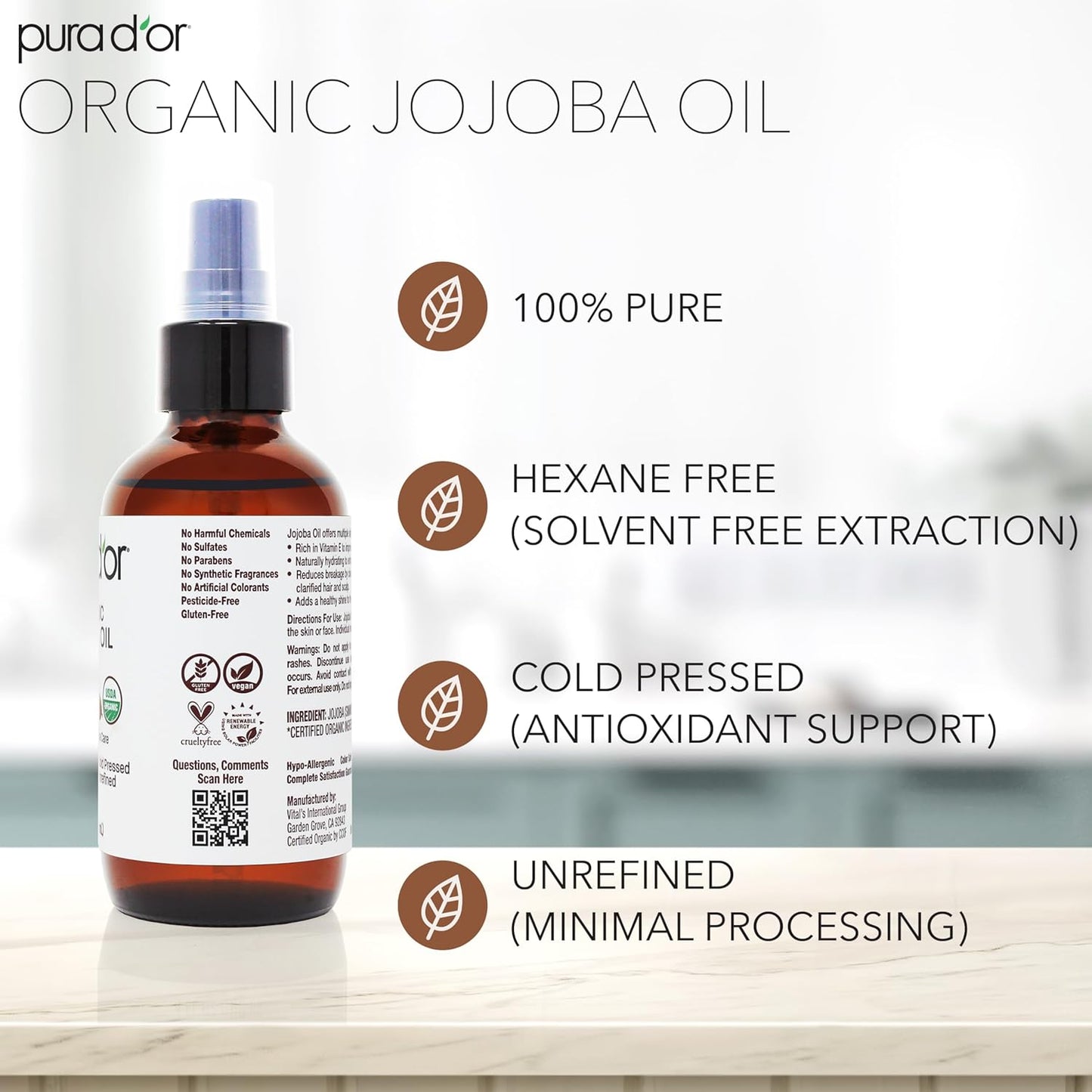 PURA D'OR 4 Oz Organic Jojoba Oil - USDA Certified - 100% Pure & Natural Moisturizer - Cold Pressed, Unrefined, Hexane Free Base Carrier Oil For DIY Skin Care, Hair, Face & Nails