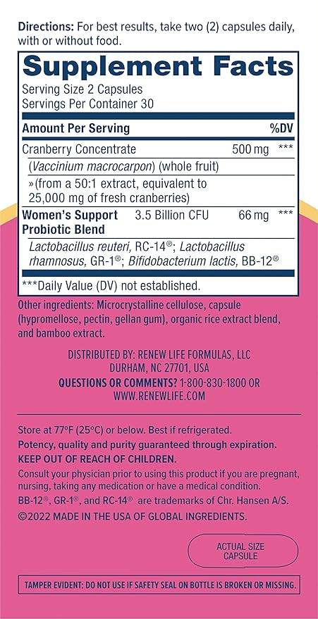 Renew Life Women's Wellness Vaginal and Urinary Probiotic and Cranberry Supplement, Probiotic Supplement for pH Balance for Women, Digestive Health, Dairy, Soy and Gluten-Free, 3.5 Billion CFU 60 Ct
