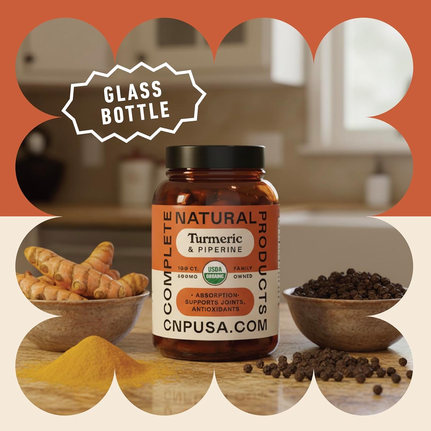 Complete Natural Products Organic Turmeric & Piperine Capsules, 600mg, 100ct, High Absorption Curcumin with Black Pepper, Plant-Based & USA Made