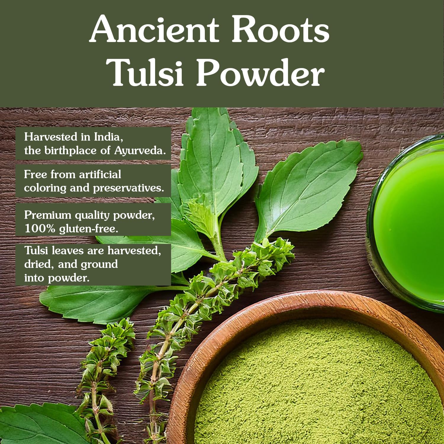 Ancient Roots Tulsi Powder - 100% Pure & Natural, Non-GMO, Gluten-Free, Finely Ground Holy Basil for Teas, Smoothies, and Recipes, 10.5 oz Resealable Bag