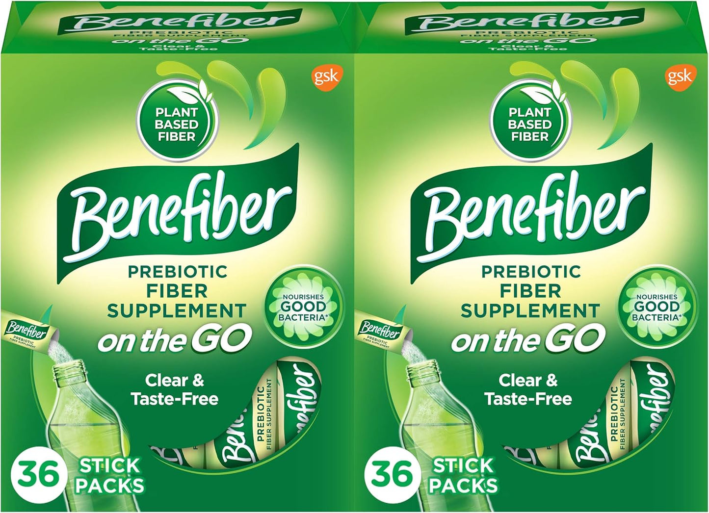 Benefiber On The Go Prebiotic Fiber Supplement Powder for Digestive Health, Daily Fiber, Unflavored Stick Packs - 36 Sticks (Pack of 2)