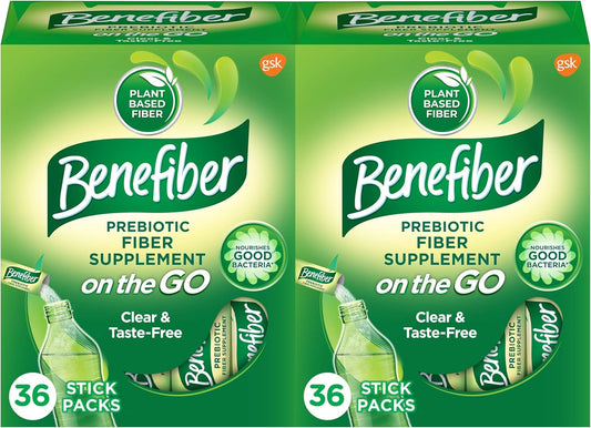 Benefiber On The Go Prebiotic Fiber Supplement Powder for Digestive Health, Daily Fiber, Unflavored Stick Packs - 36 Sticks (Pack of 2)
