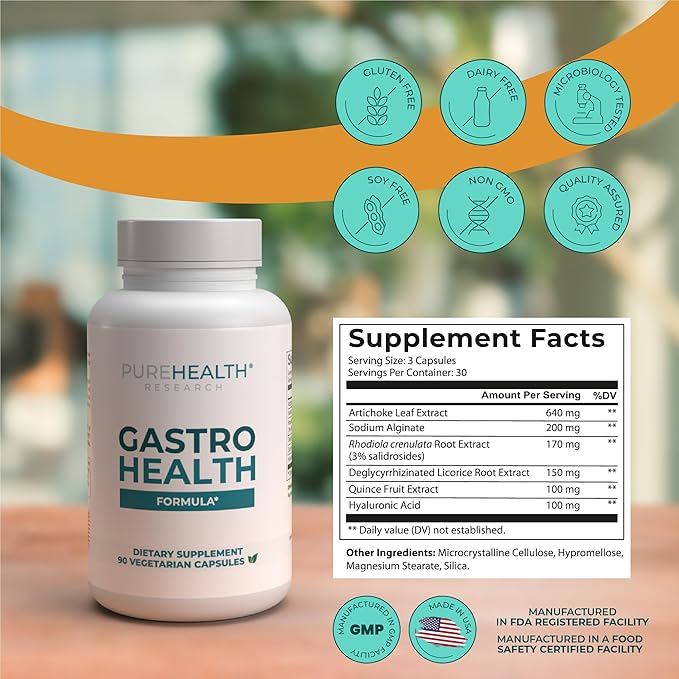 PUREHEALTH RESEARCH Gastro Health Formula - Natural Alginate for Acid Reflux - DGL Supplement for Heartburn & Indigestion - With Artichoke, Rhodiola Rosea, Hyaluronic Acid, Quince & More - 90 Capsules