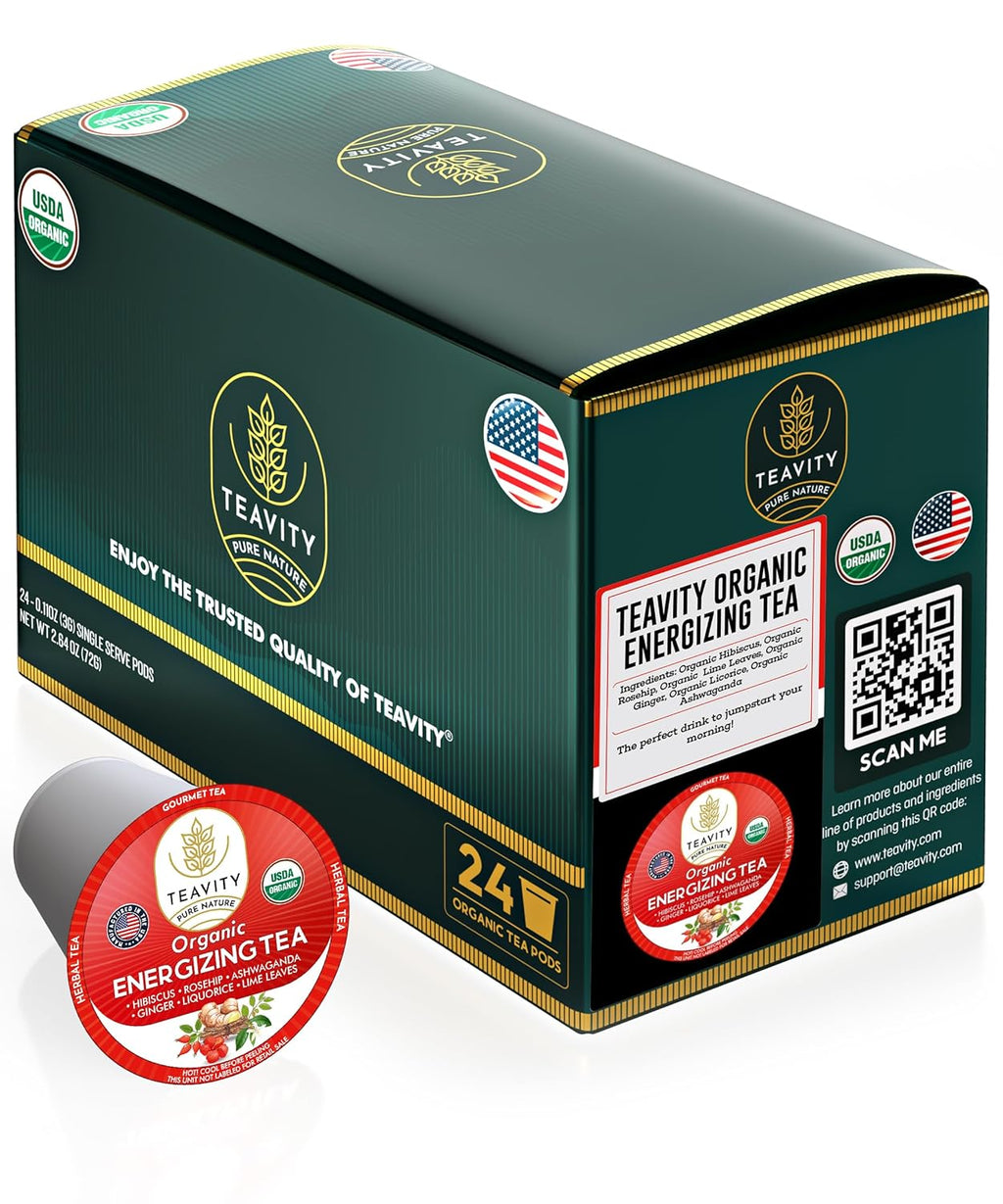 Organic Ashwagandha Tea Pods for Keurig with Ginger, Licorice, Organic Hibiscus Sabdariffa, Rosehip, & Lime - Decaf Herbal Tea - Energizing Tea by Teavity (24 Tea Pods)