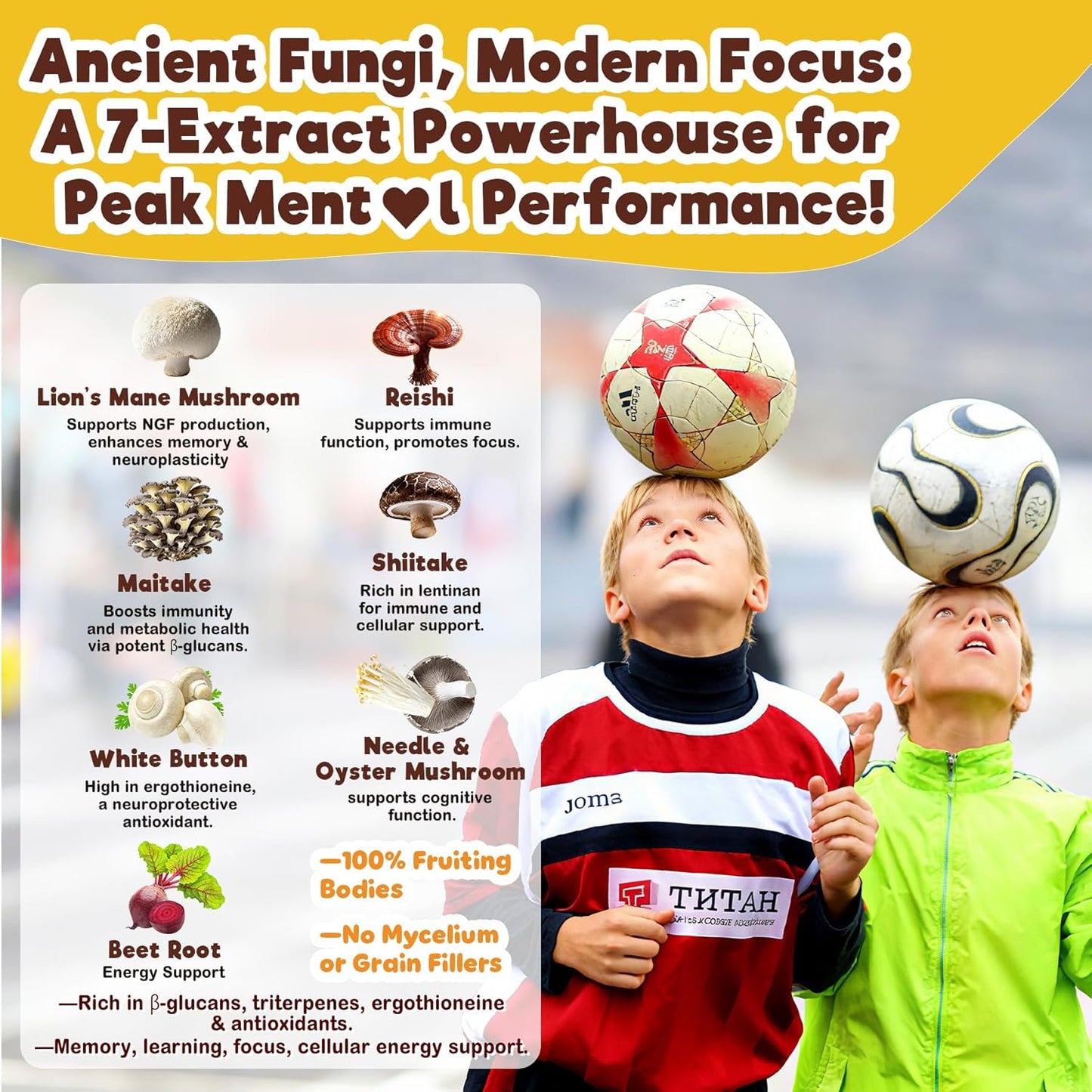 Neviss Kids 10+ Brain Filled Gummies w/Lion's Mane, Focus Memory & Energy 7-in-1 Mushroom Gummy for Teens & Adults, L-Tyrosine, Choline, PS, B12 B6, Beetroot for Students, Gamer, Worker, Sugar Free