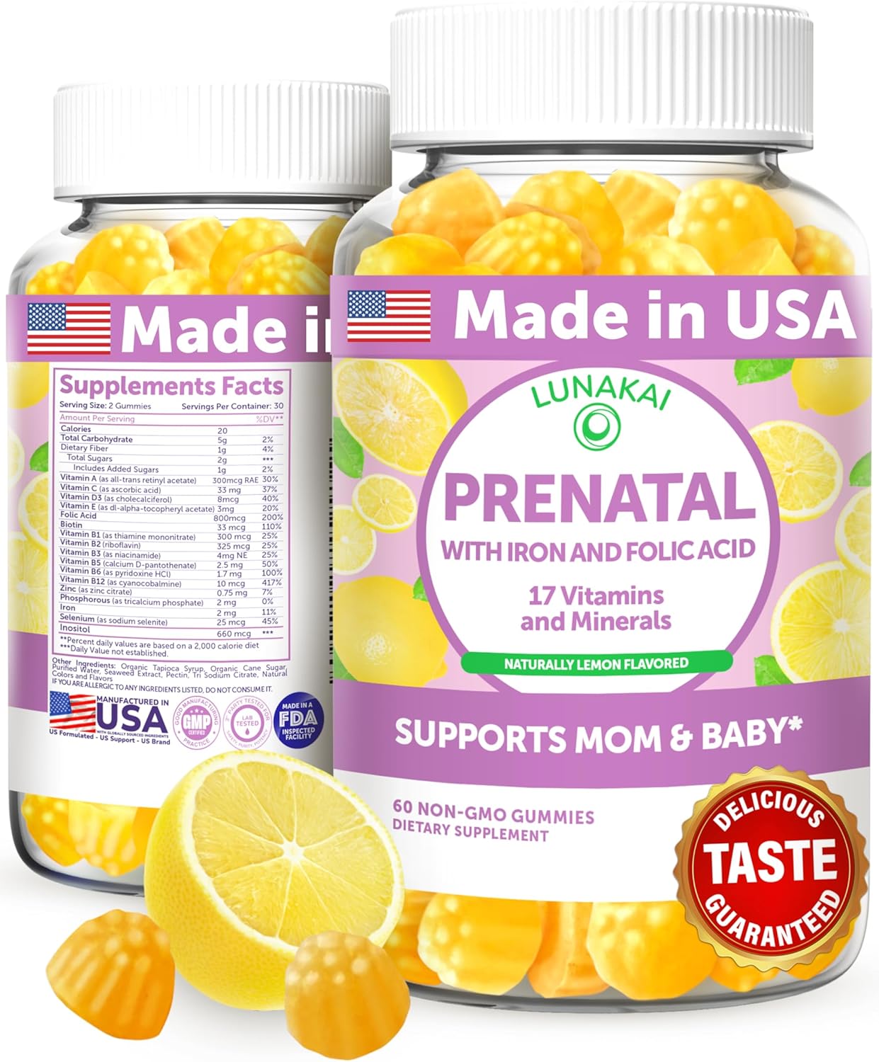 Lunakai USA Made Prenatal Vitamins for Women with Iron & Folic Acid - Delicious Prenatal Gummies, Non-GMO, Gelatin-Free, 60ct
