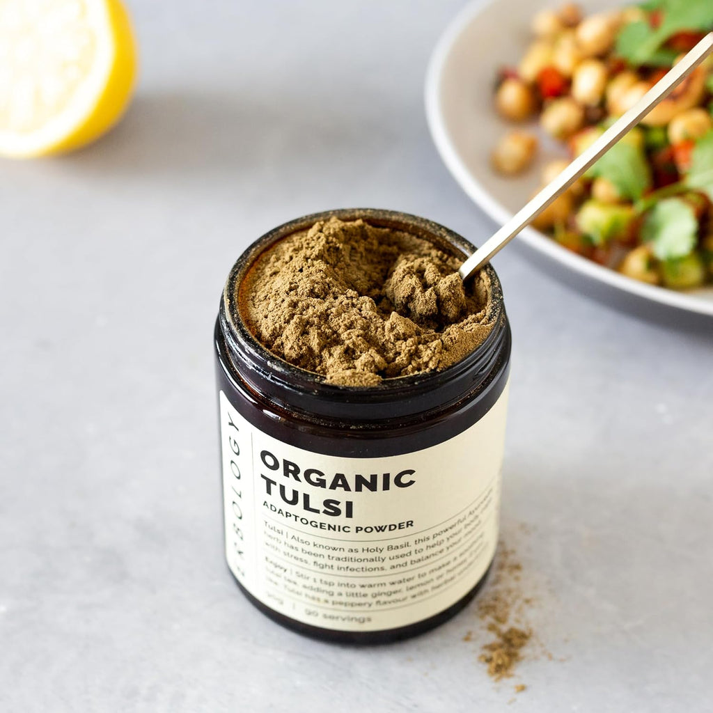 Erbology 100% Organic Tulsi Powder 6.4 oz - Holy Basil - Calm and Mood - Straight from Farm - Raw, Vegan and Gluten-Free - Non-GMO - No Additives or Preservatives - Recyclable Glass Jar