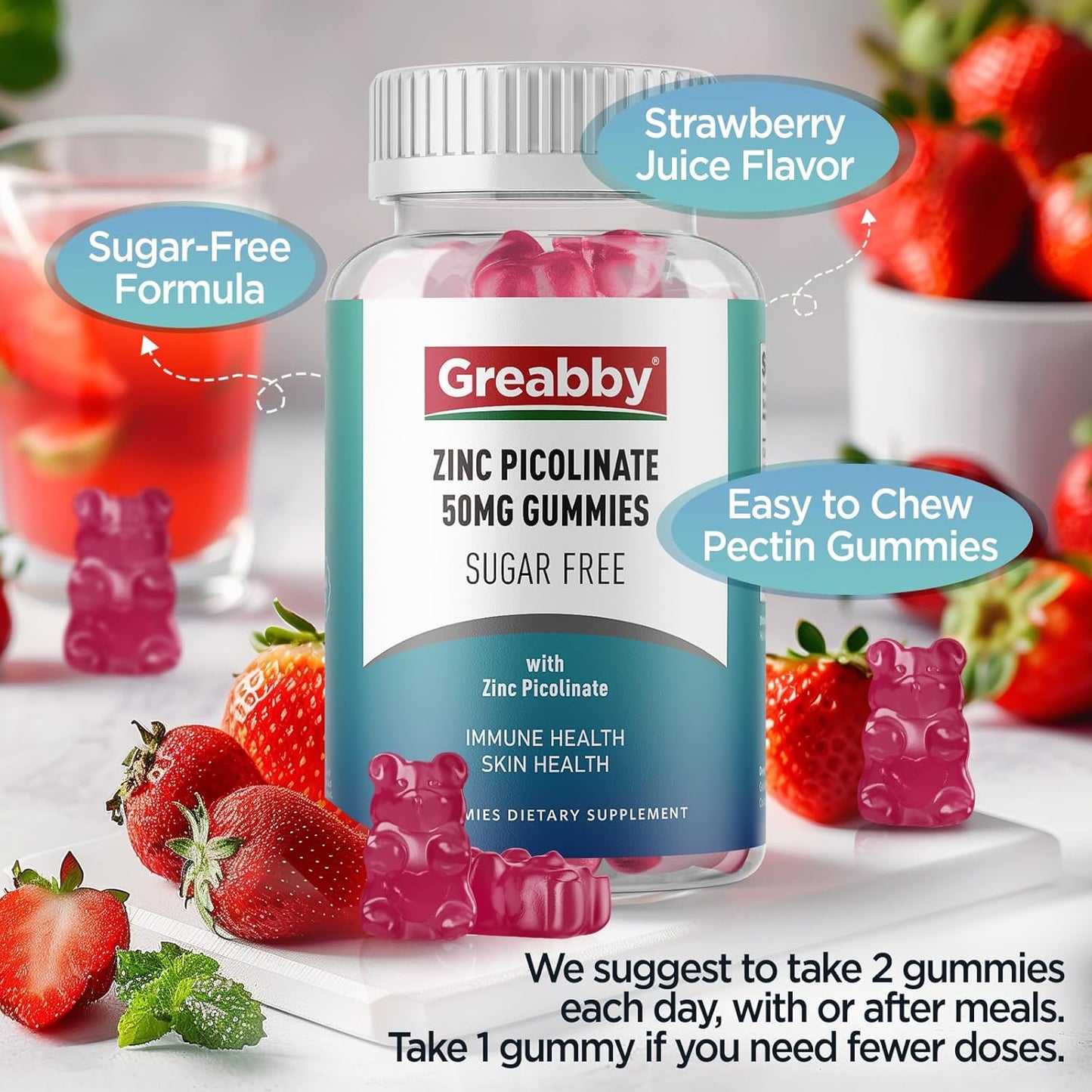 Zinc Gummies - Zinc Picolinate 50mg, Sugar Free, Highly Absorbable Zinc Picolinate Supplement for Kids & Adults, Support Growth, Immune Function, Skin Health, 60 Gummies