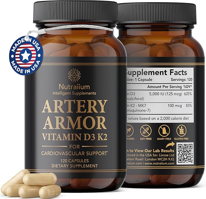 Vitamin D3 K2 Supplement 5000 IU 100 mcg MK7 – High Potency D3+K2 Capsules for Artery Health, Heart Support & Strong Bones Non-GMO Third-Party Tested d3+k2 Vitamin Supplement Artery Armor -120 Count
