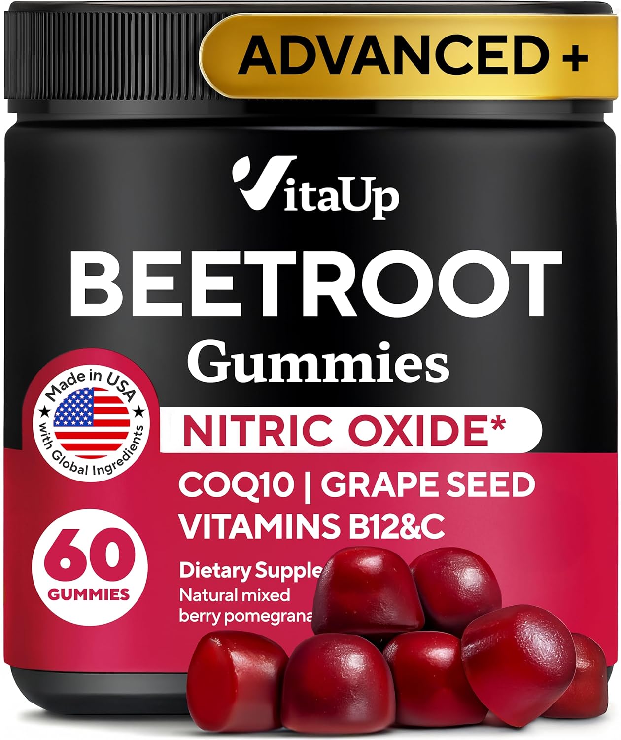 Beet Root Gummies – Beet Gummies – Red Beets Supplements with Beetroot, Grape Seed, Coq10, Vitamin C & B12 – 60 Beet Chews