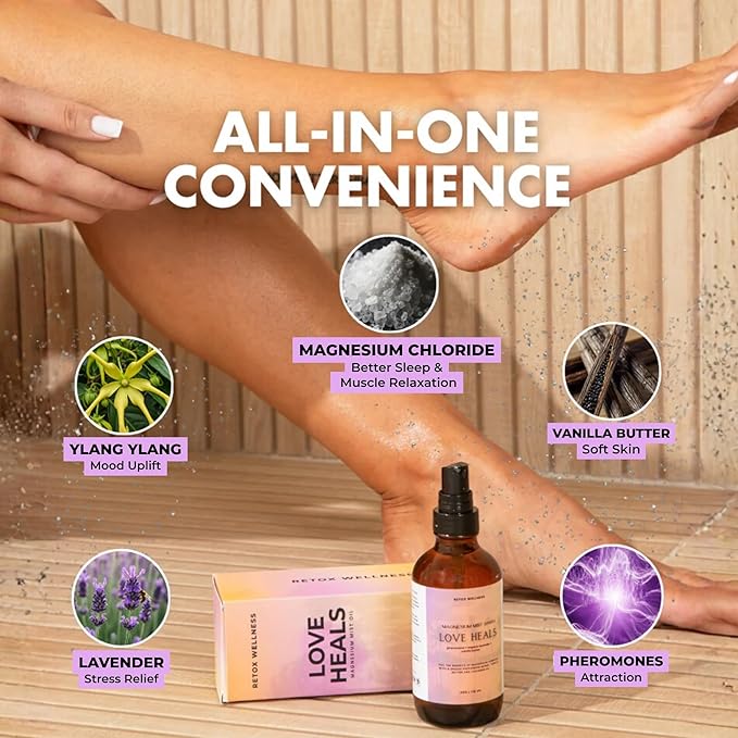 LOVE HEALS Magnesium Mist| Pure Magnesium Oil Spray with Lavender & Vanilla| Body & Foot Spray Refreshes Tired Skin| Calming Essential Oils for Relaxing & Uplifting Feel, 4oz