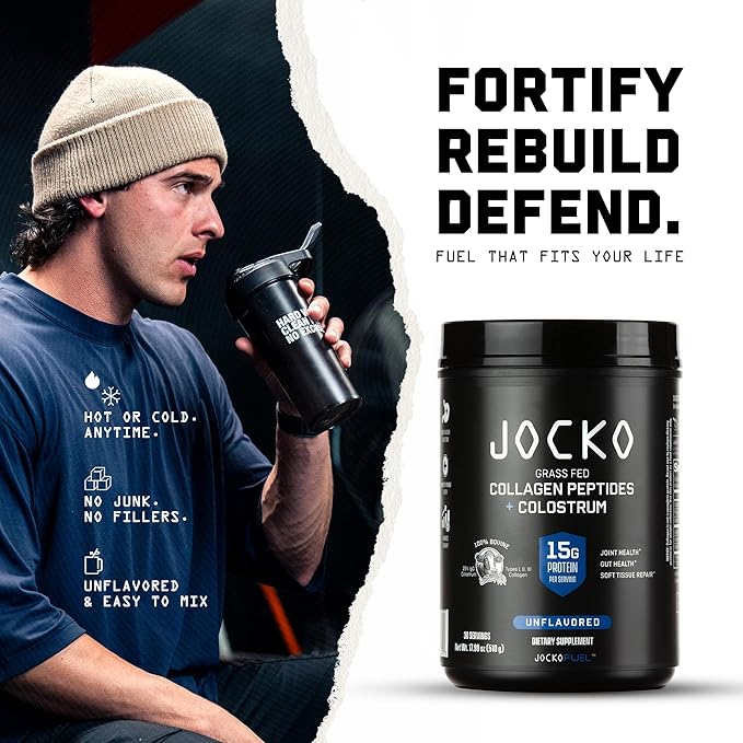 Jocko Fuel Collagen Powder with Colostrum – 15g Hydrolyzed Collagen + 2g First-Milking Colostrum – Dual Action for Gut Health, Joint Support, and Immune Defense – Recovery Supplement (30 Servings)
