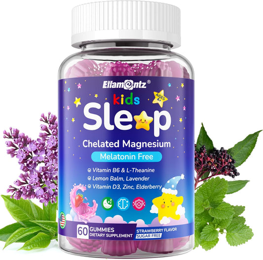 Kids Sleep Gummies, NO Melatonin Sleep Aid Gummies w/Magnesium Glycinate, Magnesium Malate, L-Theanine, Lavender, B6, Zinc, D3K2 for Restful Sleep, Relax Brain & Muscle, Immune Support, Non-GMO 1Pack