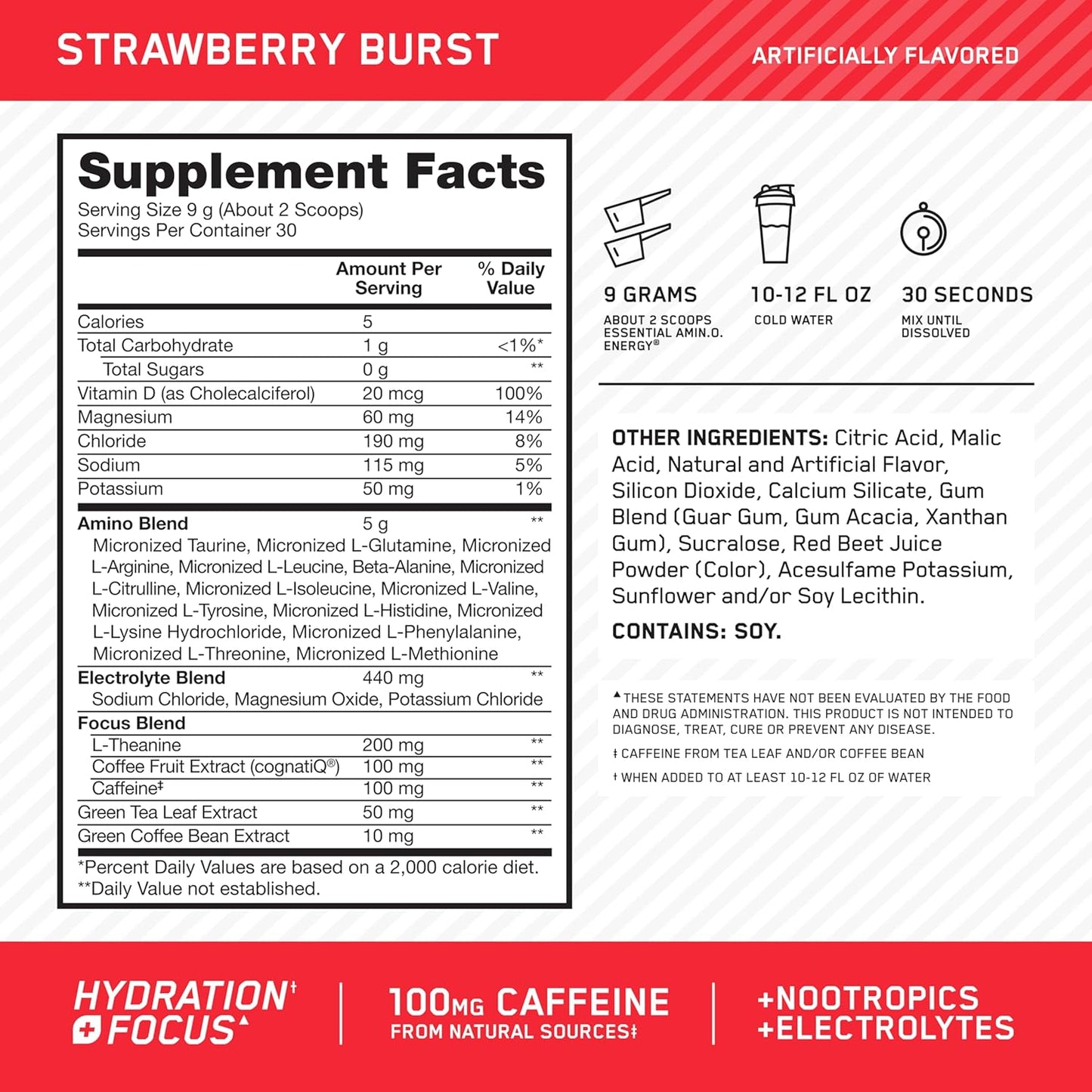 Optimum Nutrition Amino Energy Powder Plus Focus, with BCAA, Electrolytes, and Caffeine, Juicy Strawberry, 30 Servings (Packaging May Vary)